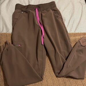Figs Brown Scrub Joggers with Pink Drawstring